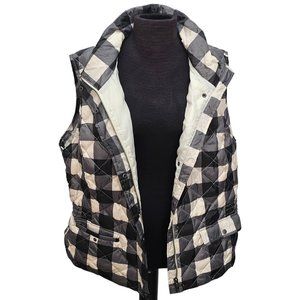 Talbots Down Filled Check Puffer Vest XL Quilted Plaid Zip & Button Black Cream